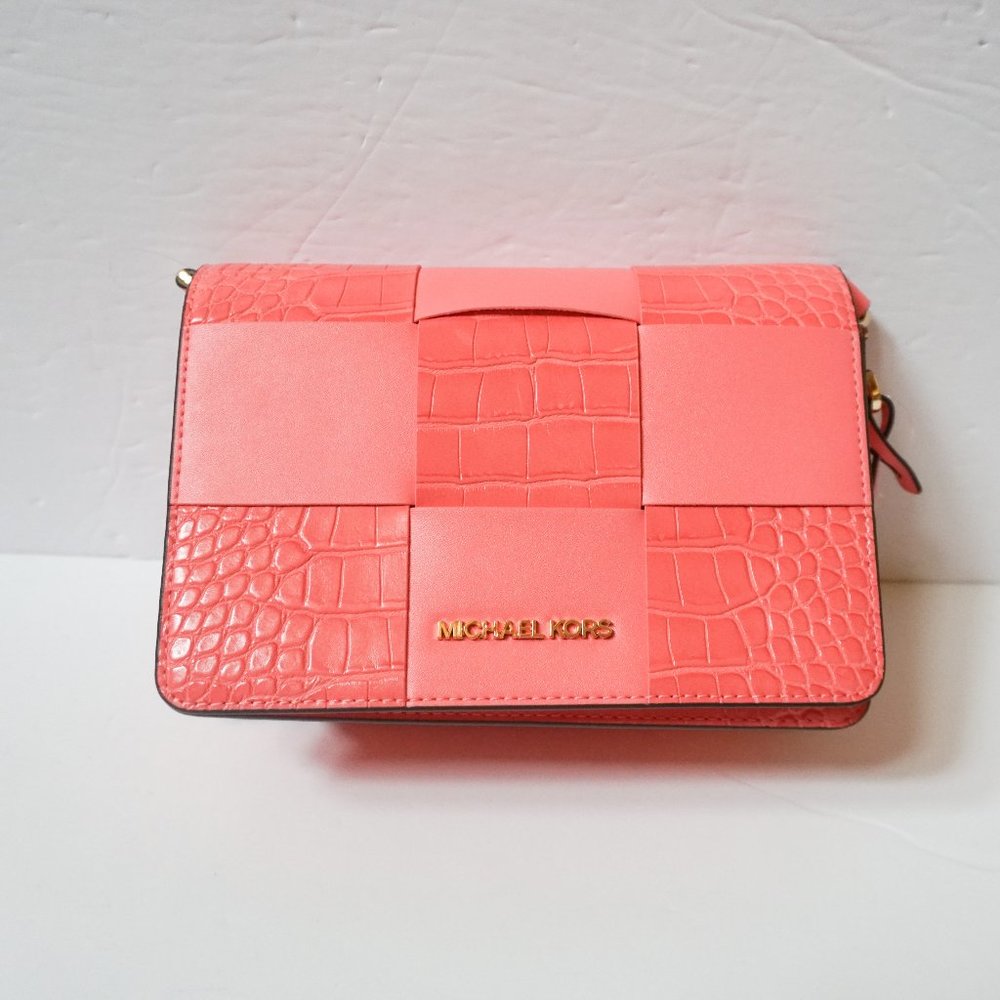 Michael Kors Mercer Small Woven Embossed Leather Crossbody Bag Clutch Grapefruit